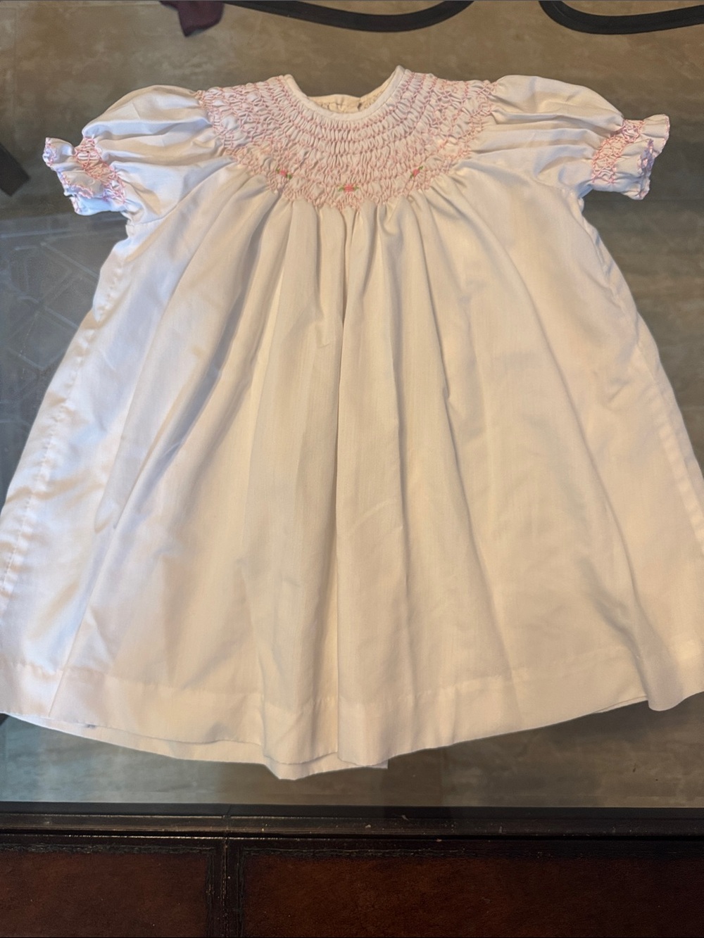 Handmade White Smocked Baby Dress with Pink Trim